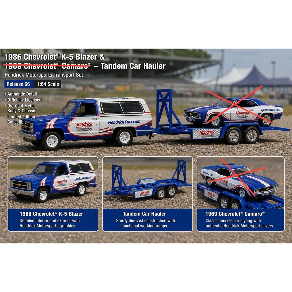 Greenlight Racing 1986 Chevrolet K-5 Blazer Tandem Car Hauler 1:64 Blue Hendrick